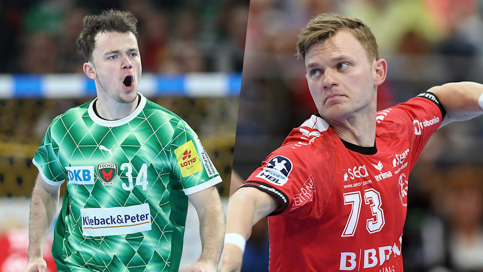 Der Berliner Hákun West av Teigum (23/l.) und MT-Kapitän und Nationalspieler Timo Kastening (29)