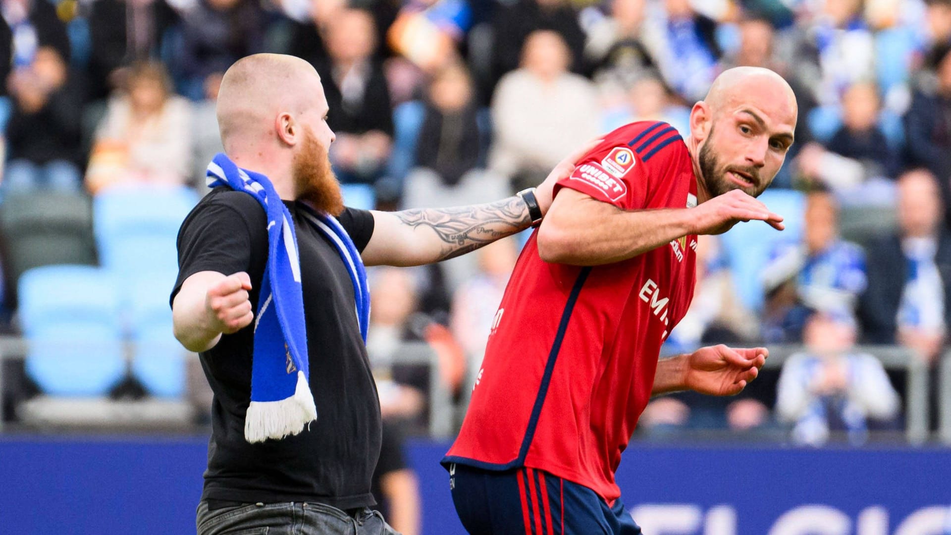 Incredible scene: A fan (left) takes a strike against Sebastian Stark Hedlund.