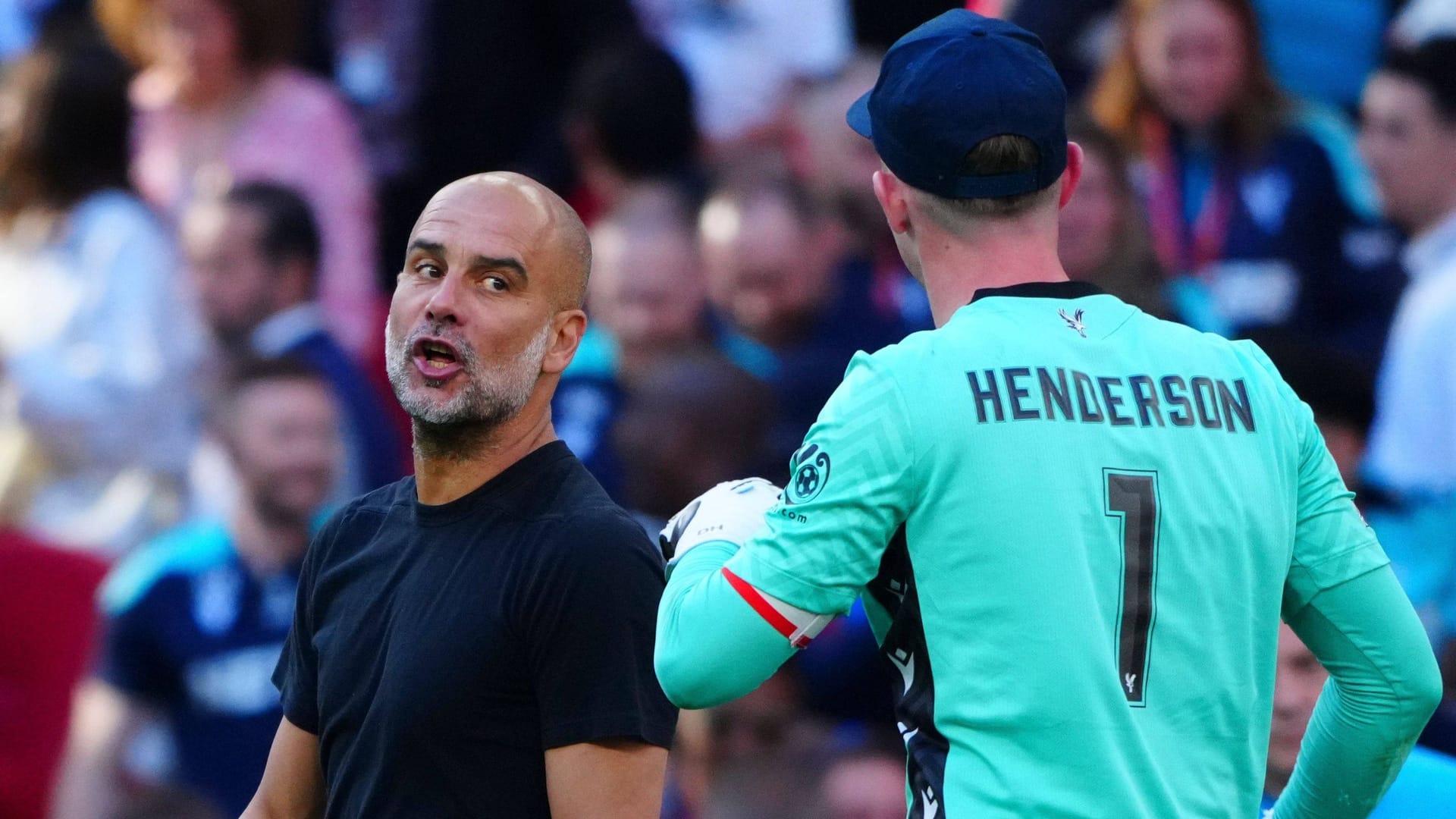 Irritated: City trainer Guardiola (left) and Palace keeper Henderson.