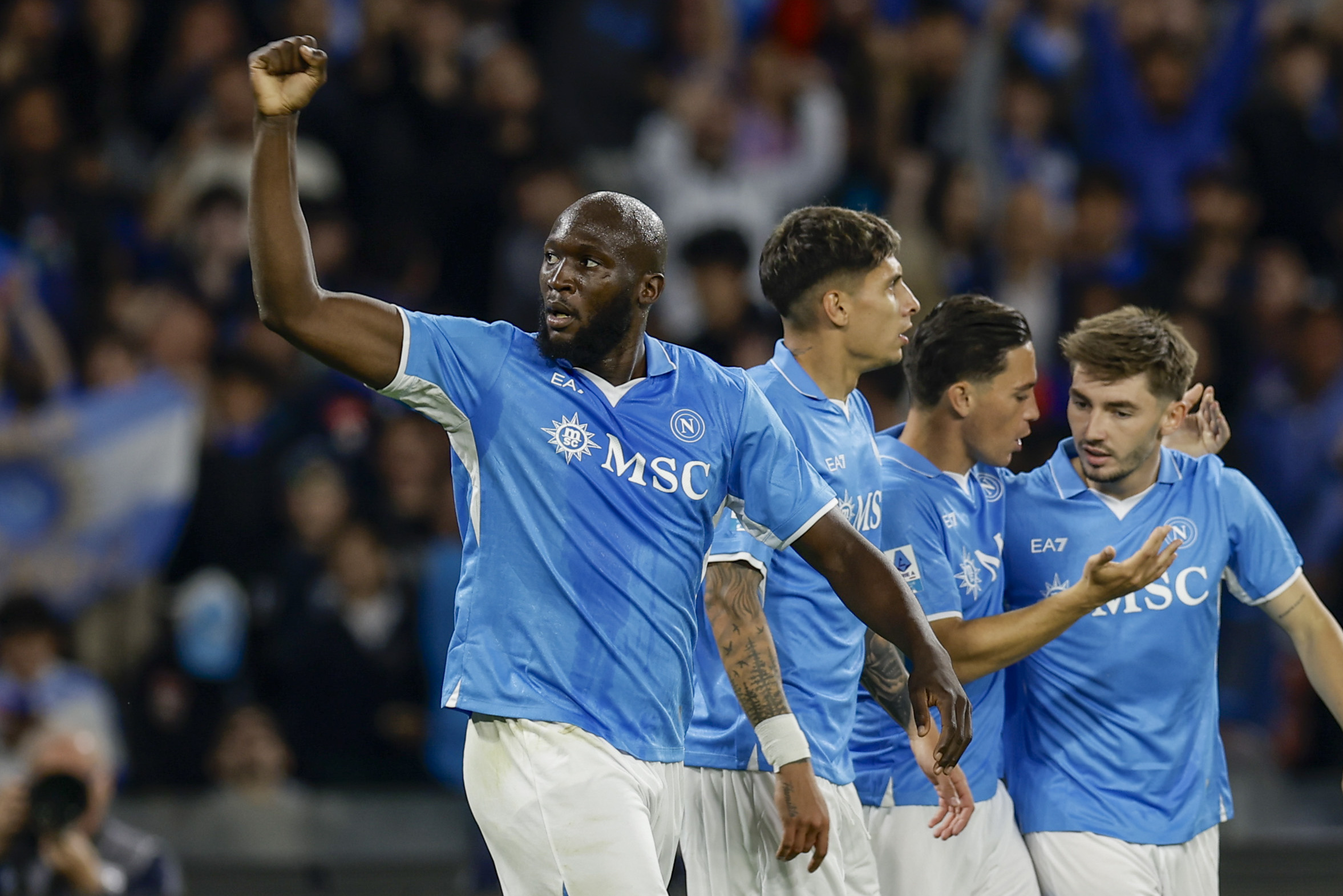 Romelu Lukaku of SSC Napoli Celebrates After Scoring a Goal During the Serie A Soccer Match Bethaeen Naples and Genoa at the Diego Armando Maradona Stadium in Naples, Southern Italy -Sunday, May 11, 2025. Sport - Soccer. (Photo by Alessandro Garofalo/LaPresse)