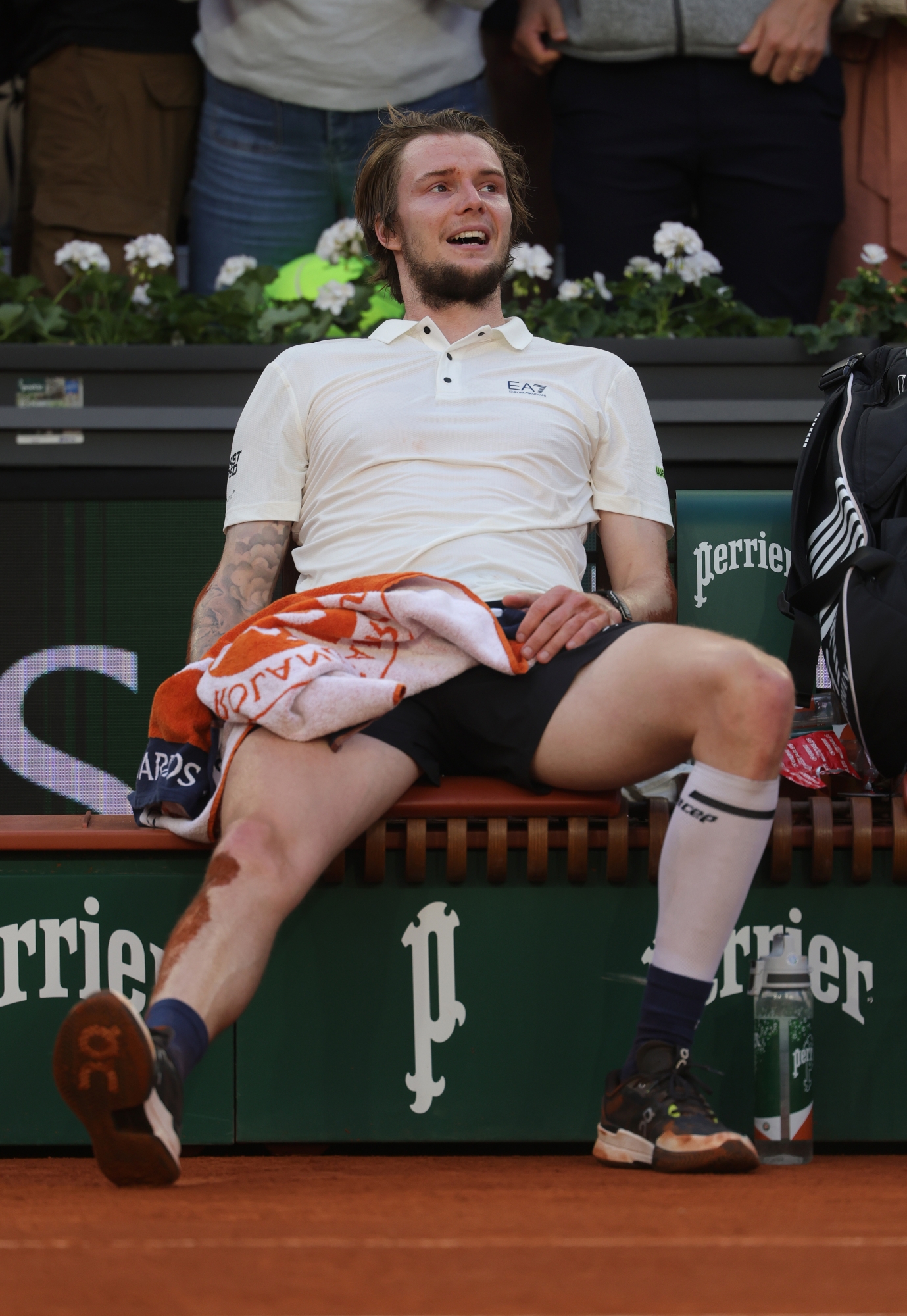 Paris, France - June 02: Alexander Bublik of Kazakhstan Reacts Whilst Sat on a bench follow Victory Against Jack Draper of Great Britain During the Men's Singles Fourth Round Round On Day Nine of the 2025 French Open at Roland Garros on June 02, 2025 in Paris, France. (Photo by Julian Finney/Getty Images)