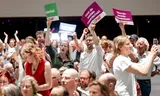 Participants in the Congress of GroenLinks and the PvdA on Saturday in the NBC Congress Center in Nieuwegein. The members of GroenLinks-PvdA spoke out with a large majority for the proposal to merge. Photo Robin van Lonkhuijsen/ANP 