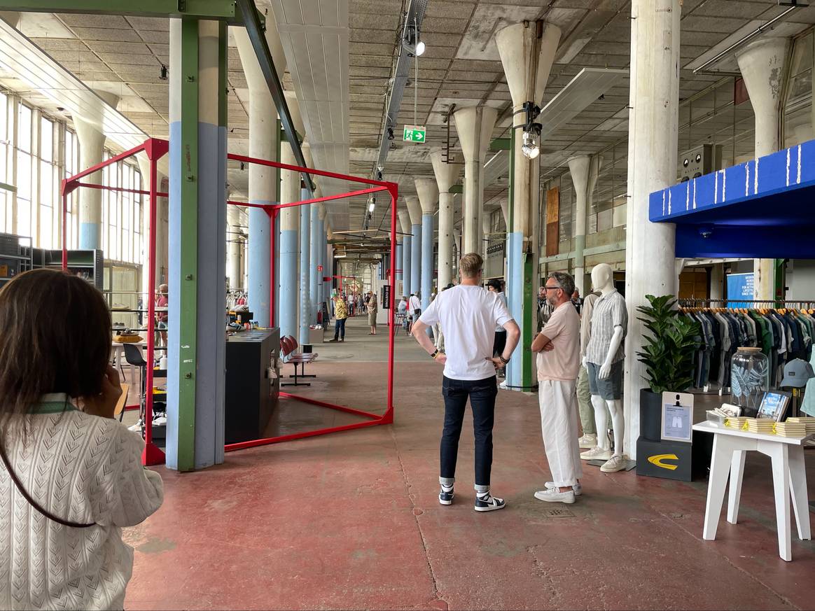 One of the red frames in the exhibition hall.