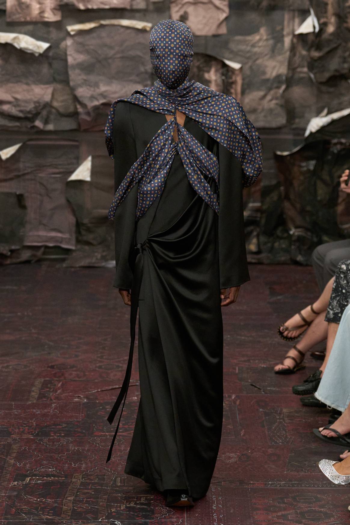 Look 45: A long Peignoir (a kind of morning mantle) made of draped silk satin.