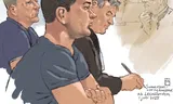 Court drawing of suspects Rob K. and Jesse V. and their lawyer Tjalling van der Goot during a hearing of the police judge. Image Aloys Oosterwijk / ANP  
