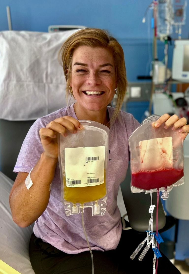 Nikki with donated platelets and plasma after donating (private photo). 