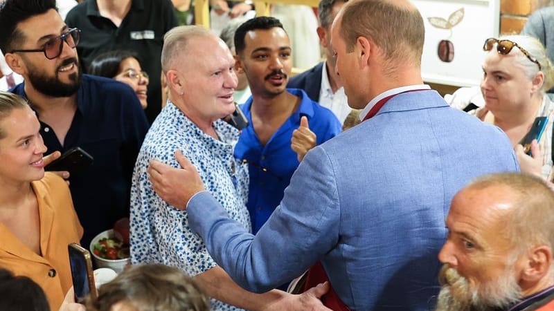 William and "Gazza": The Prince of Wales (right) greets Paul Gascoigne during a visit to a Pret-A-Manger branch in Bournemouth in Dorset (archive picture).