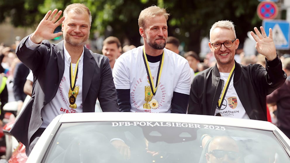 Fabian Wohlgemuth (l.), Sebastian Hoeneß (Mitte) und Alexander Wehrle wollen Nick Woltemade nicht abgeben