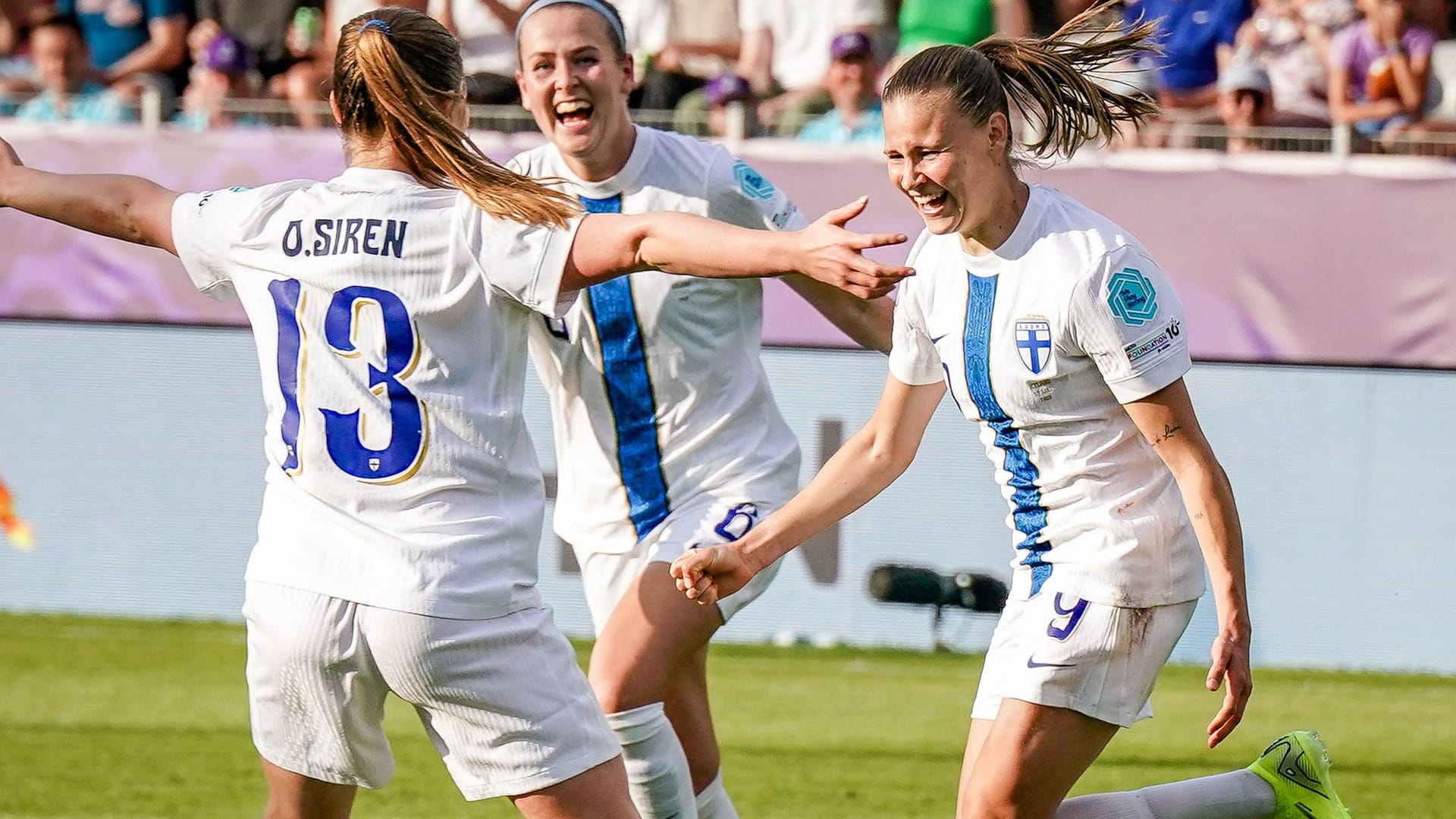 Finland's players celebrate Katariina Kosola's goal: Iceland was actually favored in the first European Championship game.