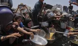Palestinians try to get food in Gaza.