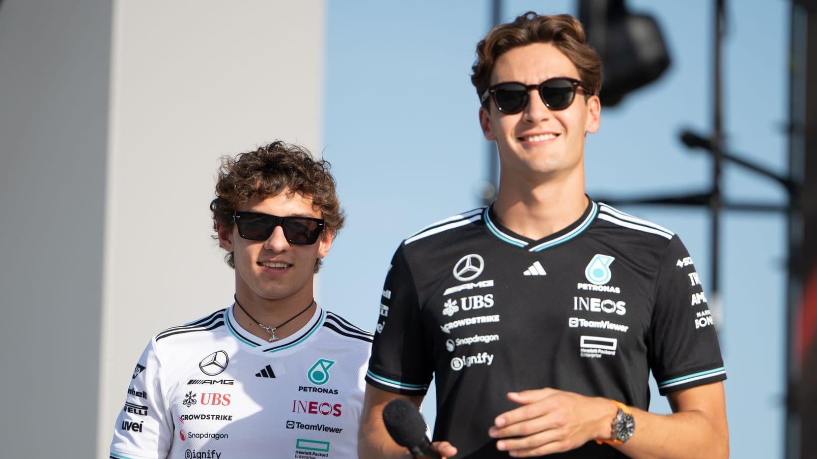 The Mercedes drivers George Russell and Kimi Antonelli