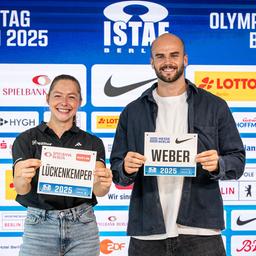 Gina Lückenkemper and Julian Weber at the media appointment for the ISTAF Berlin (Imago Images/Tilo Wiedensohler)
