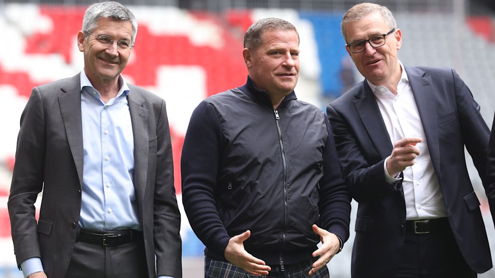Präsident Hainer, Sportvorstand Eberl und Vorstandschef Dreesen. Der fordert von Eberl und Kompany: Mehr Talente, bitte!