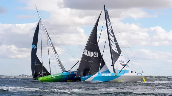 The Holcim - PRB collides with the Mapei shortly after the start of the Ocean Race Europe.