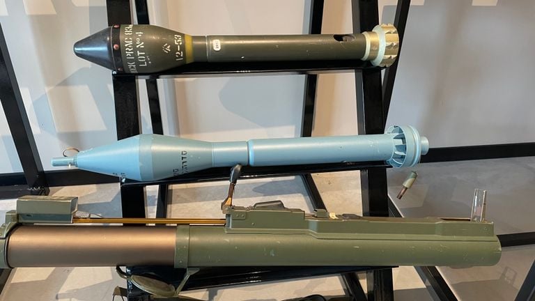 Grenades and a rocket launcher, displayed at Reasuro in Riel (photo: Imke van de Laar).