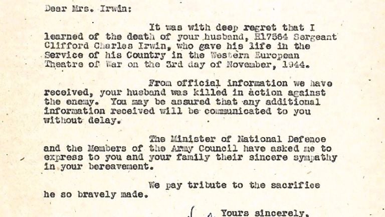 The letter to the widow of Clifford Irwin (source: Government of Canada/Veteran Affairs).