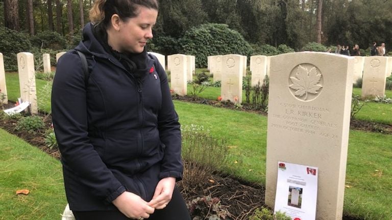Jenna Kirker at the grave of her great-grandfather Lorne (1920-1944).