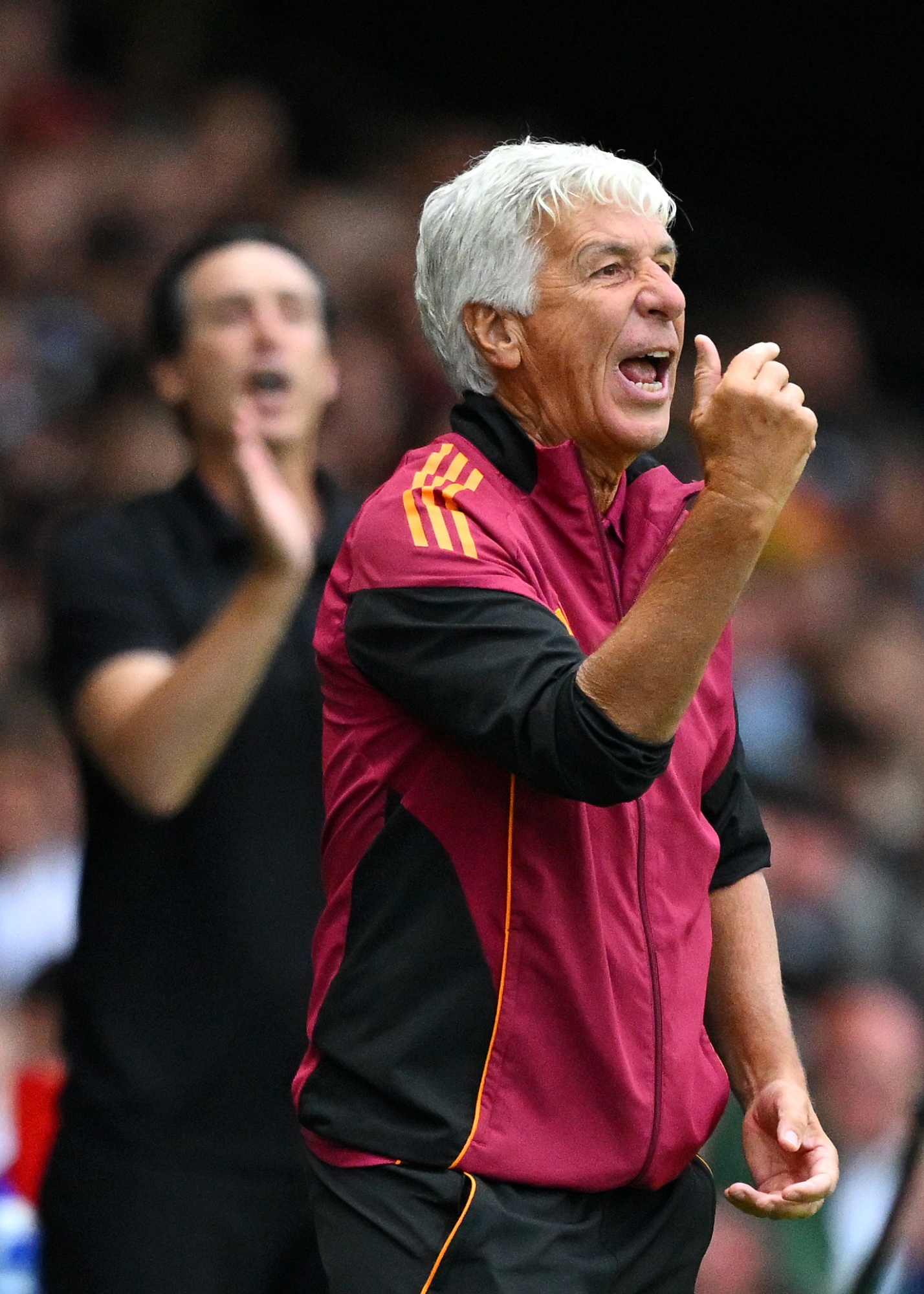 Walsall, England-August 06: Gian Piero Gasperini, Head Coach of AS Roma, Gestures During the Pre-Season Friendly Match Bethaeen Aston Villa and As Roma at Pallet-Track Bethe Stadium on August 06, 2025 in Walsall, England. (Photo by Clive Mason/Getty Images)