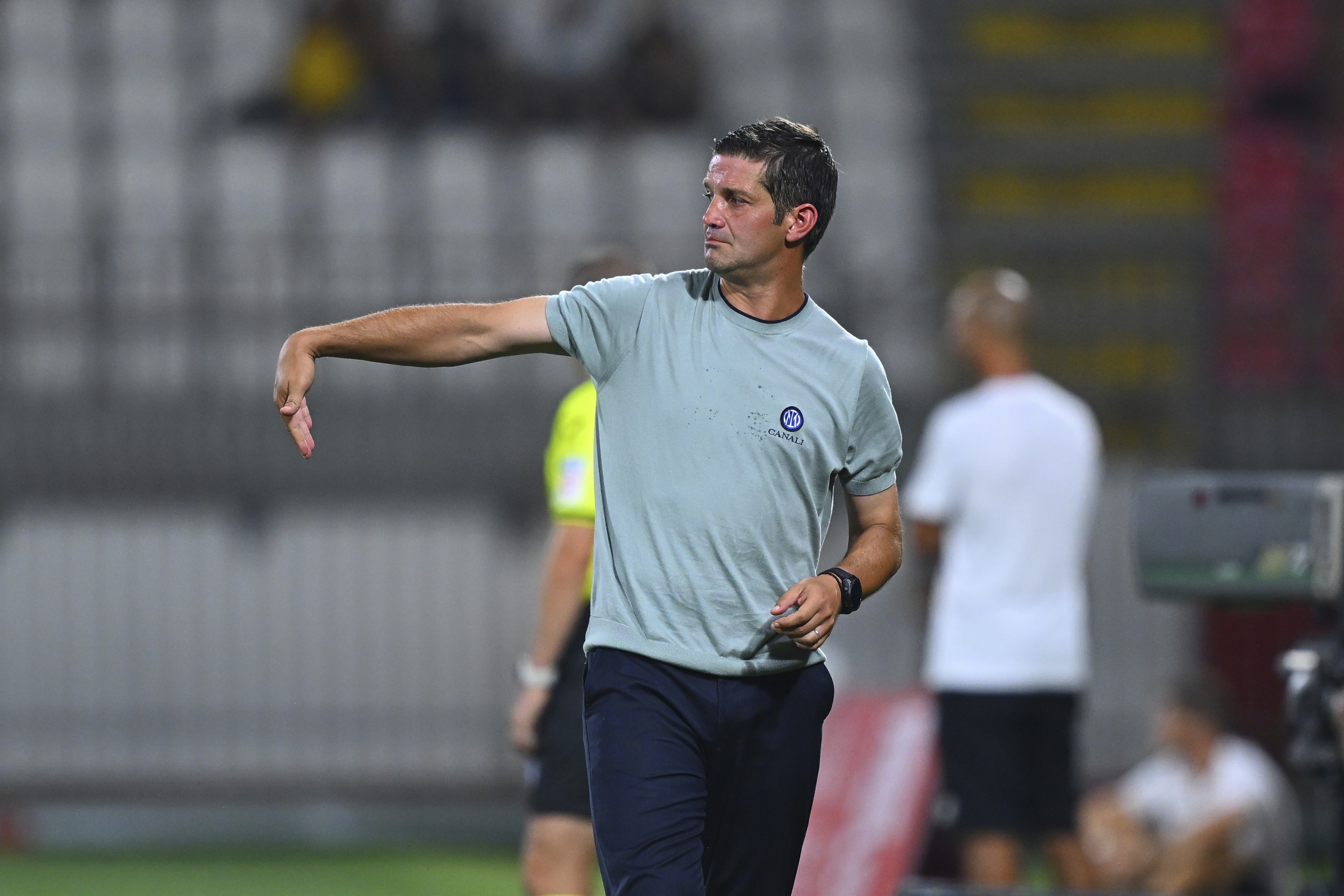 Monza, Italy-August 12: Head Coach of FC International Cristian Chivu Gestures During Pre-Season Friendly Match Bethaeen AC Monza and FC International at U-Power Stadium on August 12, 2025 in Monza, Italy. (Photo by Mattia Pistoia - Inter/Inter via Getty Images)