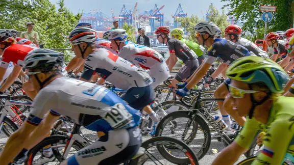 Cyclists at the Cyclassics 2016 run on the Elbchaussee in Hamburg