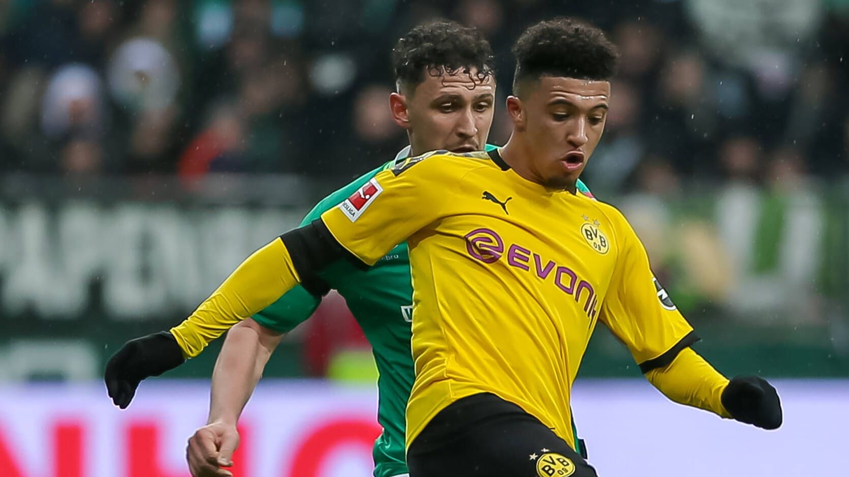 Jadon Sancho (right) against Milos Veljkovic (archive picture): The wing striker, who matured to the star at BVB, was also on Werder's wish list.