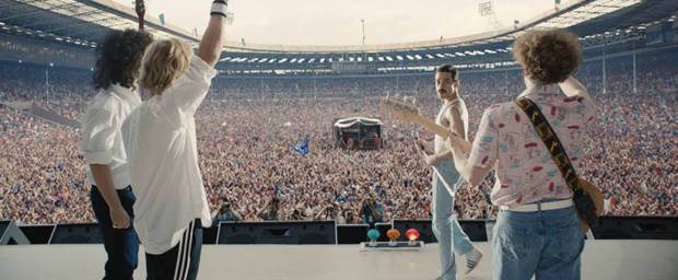 Gwilym Lee (Brian May), Ben Hardy (Roger Taylor), Rami Malek (Freddie Mercury) and Joe Mazzello (John Deacon)
