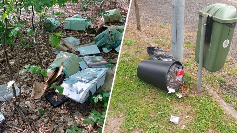 The dumping in Oploo (left). A trash can full of waste was left in Heesch (photos: Environment Service Brabant Noord).