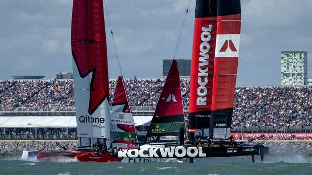 Red Bull Italy Sailgp Team Helmed by Ruggero Tita Ahead of Emirates Great Britain Sailgp Team Helmed by Dylan Fletcher and Australia Sailgp Team Helmed by Tom Slving During Racing On Race Day 2 of the Rolex Sailgp 2025 Championship Itm New Zeil Grand Prix in Auckland, New Zealand. Sunday 19 Janogy 2025. Photo: Bob Martin for Sailgp. Handout Image Supplied by Sailgp