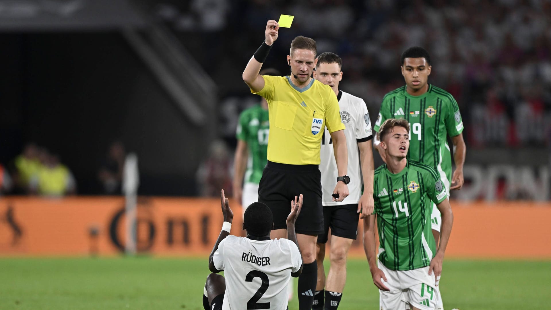 Here Antonio Rüdiger collects his second yellow card.