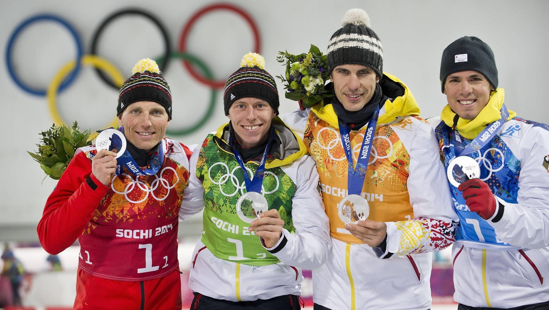 German biathlon relay around Lesser, Böhm, Peiffer and Schempp at Olympia in Sochi 2014: Silver could become gold afterwards.