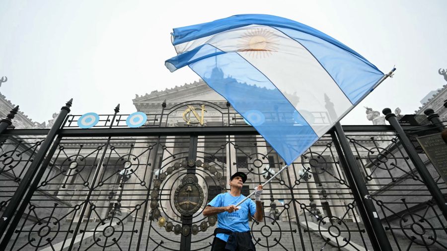 PhotoGalleria A protester waves the Argentine flag in front of the National Congress in Buenos Aires. Argentine senators are discussing a package of key reforms for the president