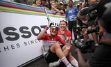 The Canadian rider Magdaleine Vallieres (with helmet) unexpectedly won the World Cup road competition for women in Kigali on Saturday. Photo Anne-Christine Poujoulat/AFP 