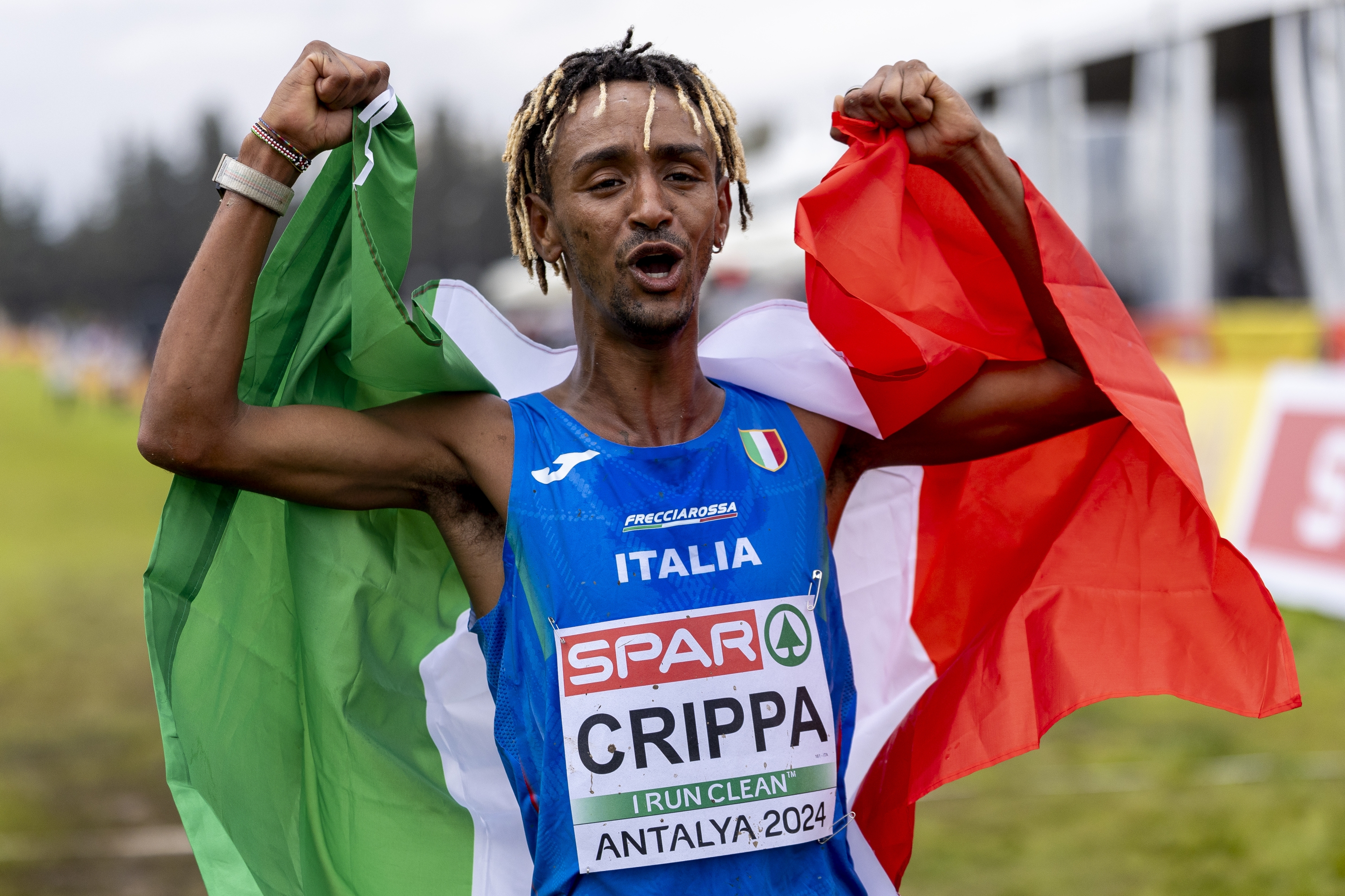 Antalya, Turkey - December 08: Yemaneberhan Crippa of Team Italy Celebrates Wining Silver in the Men's Senior Cross Country Race During the 30th SPA European Cross Country Championships On December 08, 2024 in Antalya, Tartkey. (Photo by Maja Hitij/Getty Images For European Athletics)