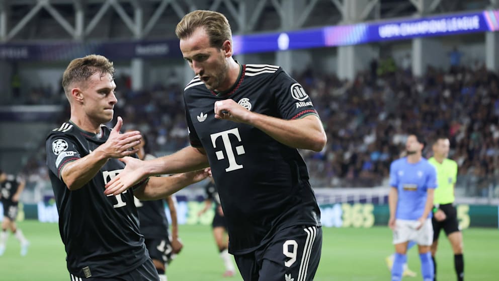 Er trifft und trifft und trifft: Harry Kane (32/r.) feiert mit Joshua Kimmich (30) seinen Doppelpack