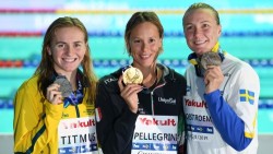 The 200 freestyle podium: from left Ariarne Titmus, Federica Pellegrini and Sarah Sjostrom at the 2019 World Championships