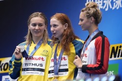 The women's 200m freestyle podium at the 2023 World Championships: from left Ariarna Titmus, Mollie O'Callaghan, Summer McIntosh