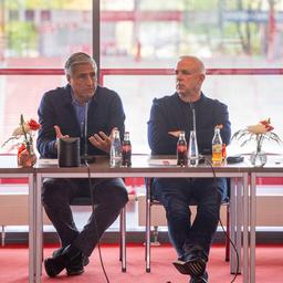 Christian Arbeit, Kaweh Niroomand, Dirk Zingler and Marco Baldi (from left to right) in a media panel of the Berlin professional clubs initiative to support the Olympic bid [Quelle: IMAGO / Matthias Koch]