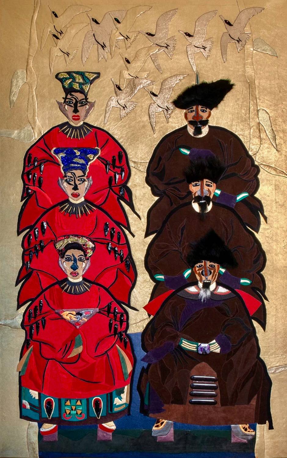 Textielzeichenij The Ancestors, mixed technique with blank, suède en bont.