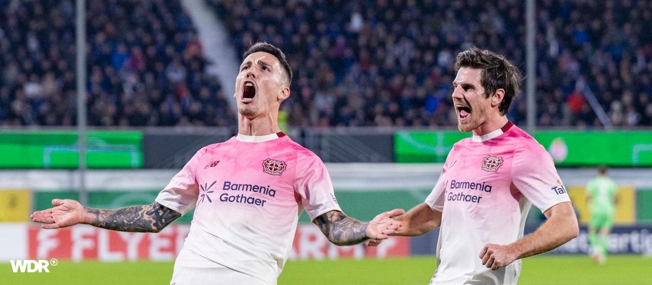 Leverkusen's Alejandro Grimaldo celebrates his goal 