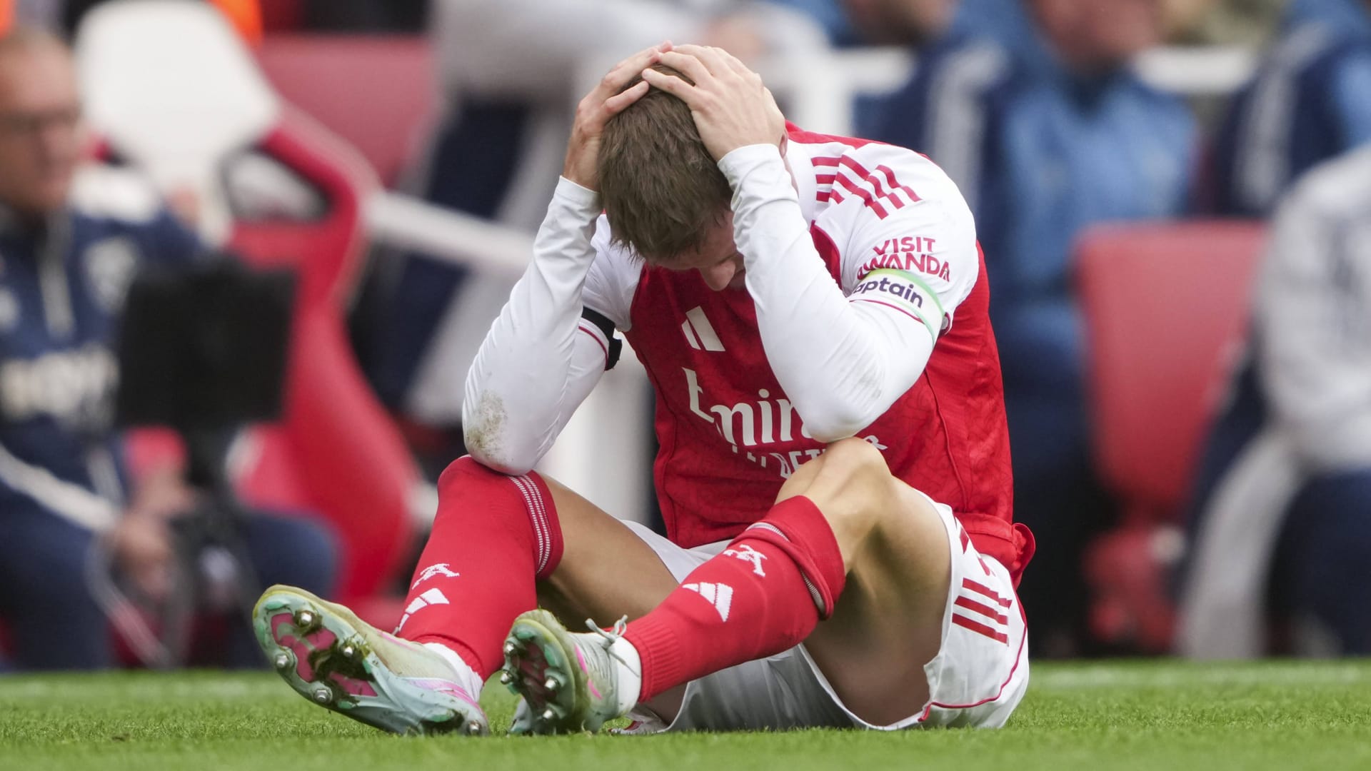 On the ground: Arsenals Martin Ödegaard in the game against West Ham United.