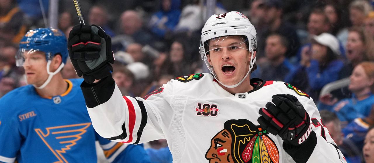 Lukas Reichel after a goal for the Blackhawks