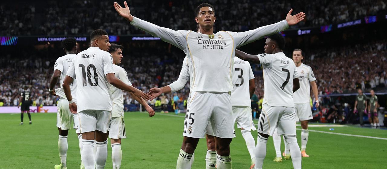 Jude Bellingham celebrates in the Champions League game against Juventus Turin