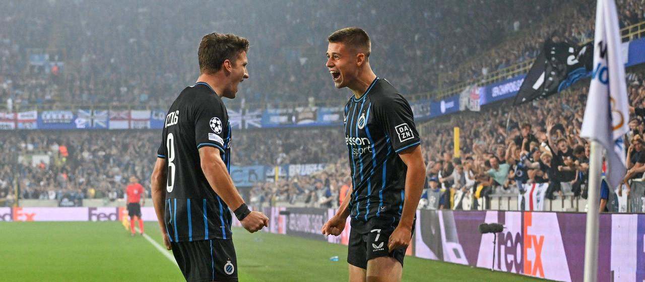 Brugge's Nicolo Tresoldi and Christos Tzolis celebrate their goal