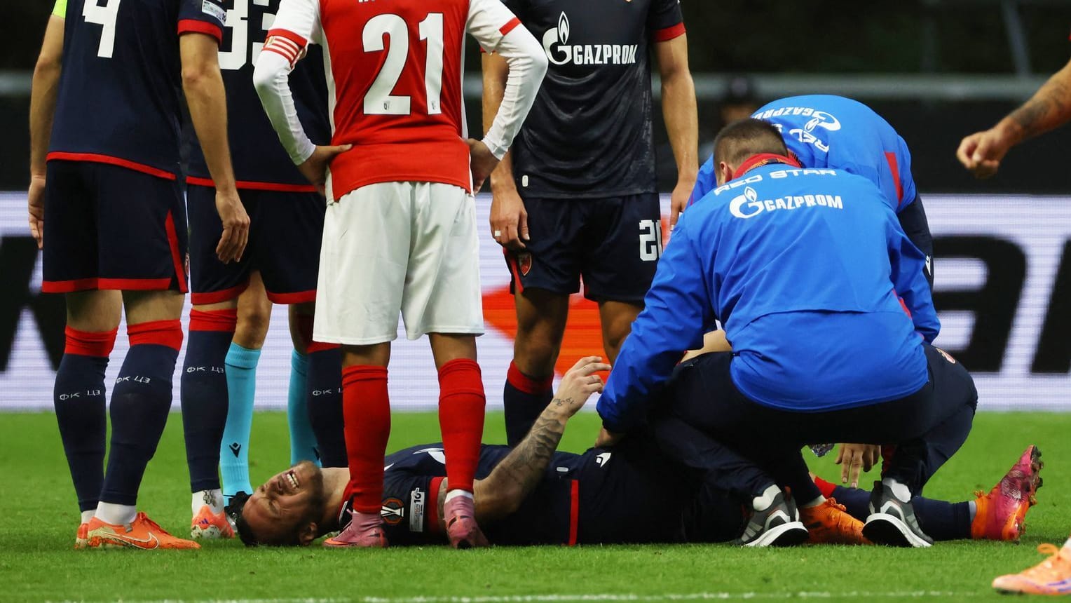 Scary moments: Marko Arnautović is treated on the pitch.