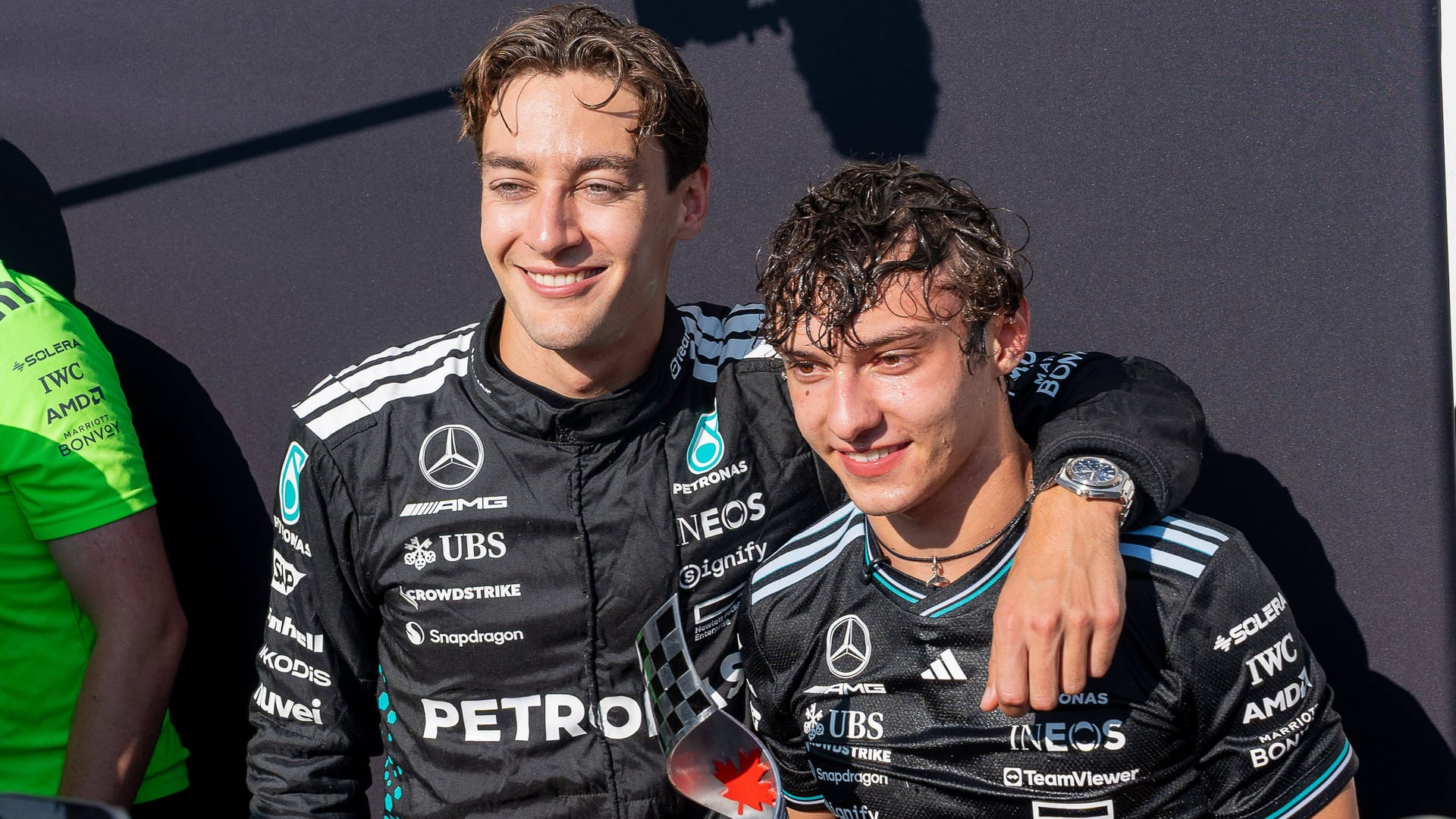 George Russell (left) and Kimi Antonelli after the Canadian Grand Prix in June: duo of the future at Mercedes.