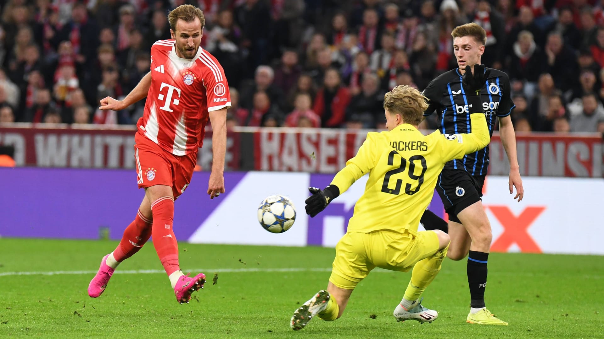 Merciless: Bayern striker Kane in front of Bruges goalkeeper Jackers.