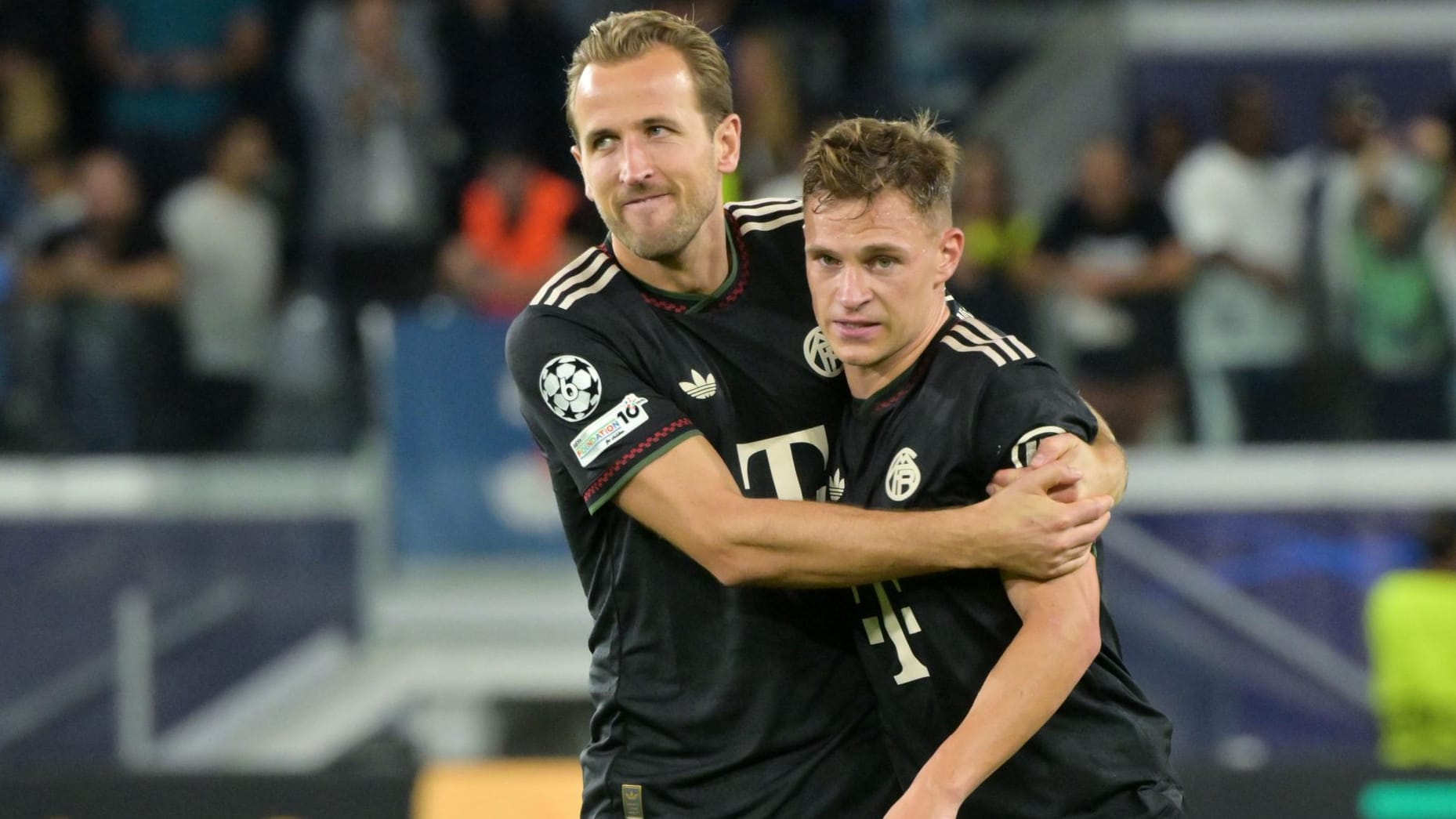 In a party mood: Bavaria's Kane (left) and Kimmich in the game at Pafos FC. In a party mood: Bavaria's Kane (left) and Kimmich in the game at Pafos FC.