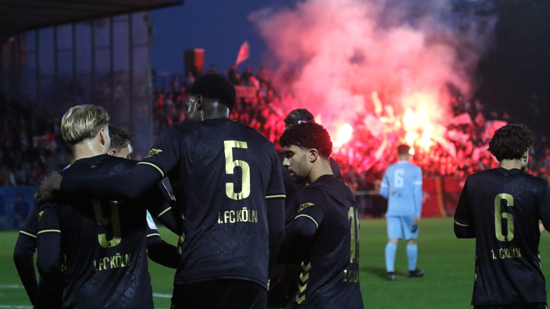 The FC players and FC fans celebrate the goal to make it 1-0 in Luxembourg.