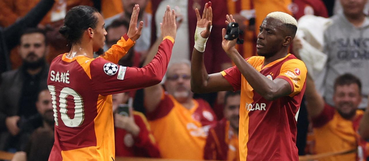 Victor Osimhen celebrates with Leroy Sane in the Champions League game against Bodo Klimt