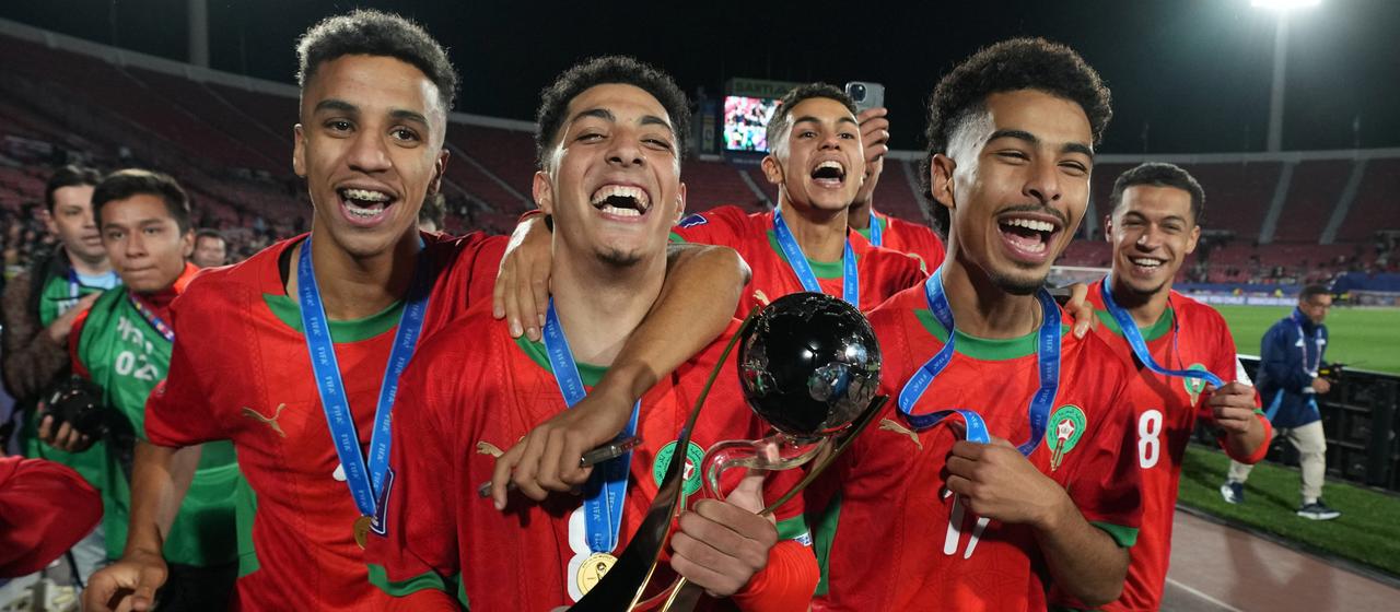 The Moroccan players celebrate winning the U20 World Cup